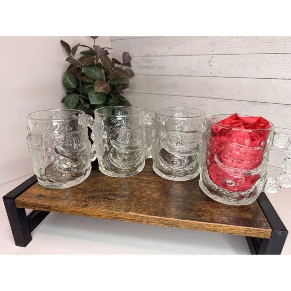Vintage Luminarc Snowman Glass Mugs Set of 4 Christmas Holiday